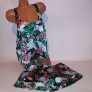 Victoria Secret Camisole Set Large Top XL Bottom Green Blue Tropical Satin Short